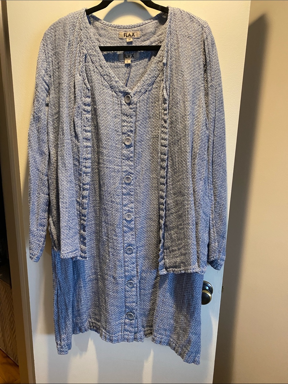 FLAX Light Blue Button-Front Linen Blend Midi Dress with Matching jacket.